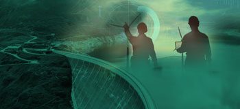 Two silhouetted figures standing near a large curved structure, surrounded by a greenish mist or fog, with a faint landscape in the background