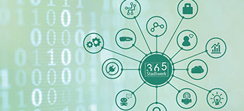 Graphic showing a central circle labeled “365 Stadtwerk” connected to several symbols representing various services and functions, against a background of binary code.