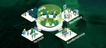 Illustration showing four groups of people on separate platforms labeled 'Vertrieb' (Sales), 'Marketing', and 'Kundenservice' (Customer Service), connected around a central circular hub