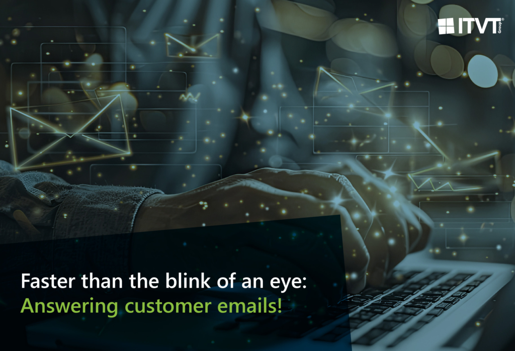 A person typing on a laptop keyboard with glowing envelope icons floating above, symbolizing fast and efficient email communication.