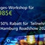 Banner showing price for a 1-day workshop (€2,985) with 50% discount for Hamburg Roadshow 2024 participants.