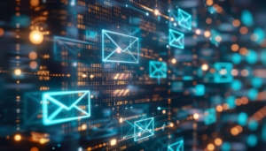Digital representation of multiple glowing blue email icons floating over a background of blurred data and code