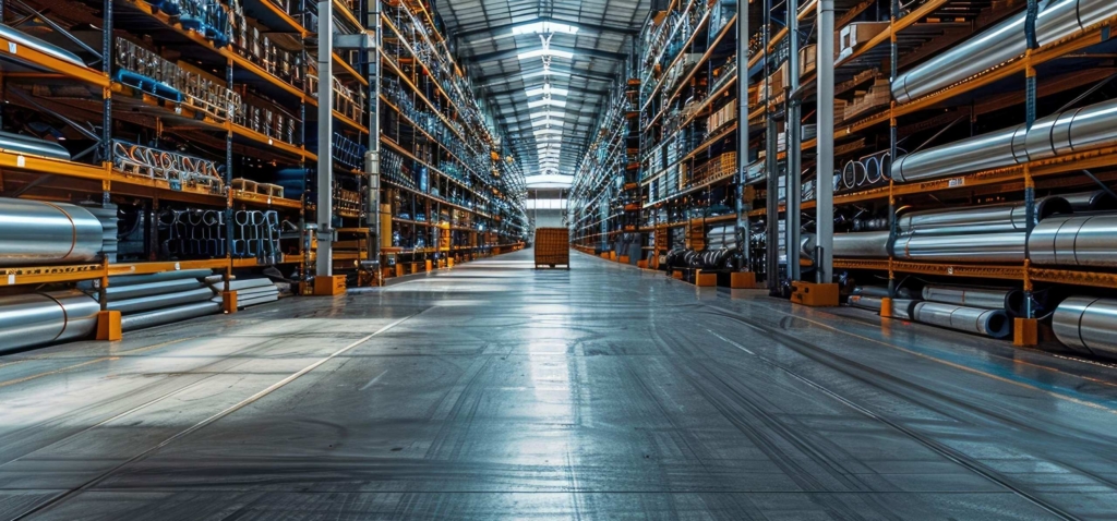 Large industrial warehouse with tall racks filled with metal pipes, materials, and equipment.