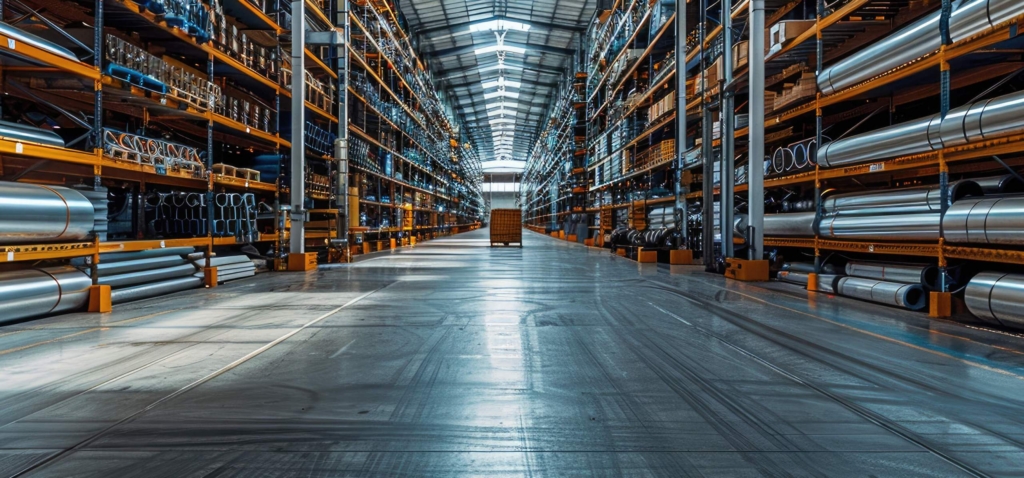 Large industrial warehouse with tall racks filled with metal pipes, materials, and equipment.