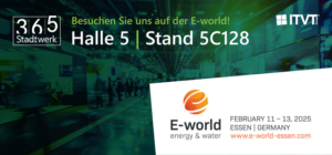Promotional banner for E-world 2025 featuring 365 Stadtwerk and ITVT; visit at Hall 5, Stand 5C128 in Essen, Germany, February 11–13
