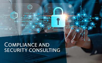Person interacting with a digital interface showing a padlock icon and circuit-like graphics, symbolizing cybersecurity, with text overlay reading ‘Compliance and Security Consulting.