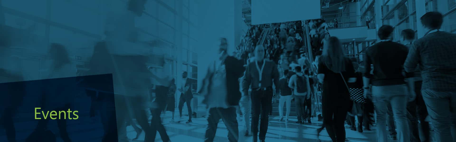 Crowd walking in a large event hall with text: 'Events'.