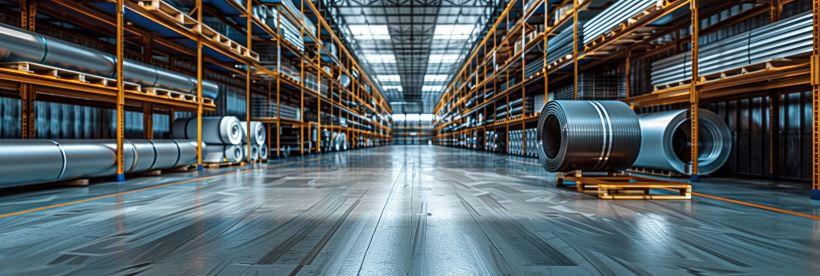 Interior of a large warehouse with metal pipes and coils stored on orange metal racks along both sides. The floor is reflective and the space is well-lit with natural light from the ceiling windows