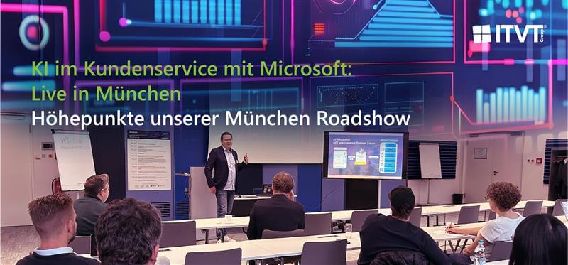 Speaker presenting at a Microsoft AI customer service event in Munich, hosted by ITVT.