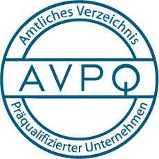Circular AVPQ seal displaying the text ‘Amtliches Verzeichnis Präqualifizierter Unternehmen’ around the border and ‘AVPQ’ in the center, shown on a transparent background.
