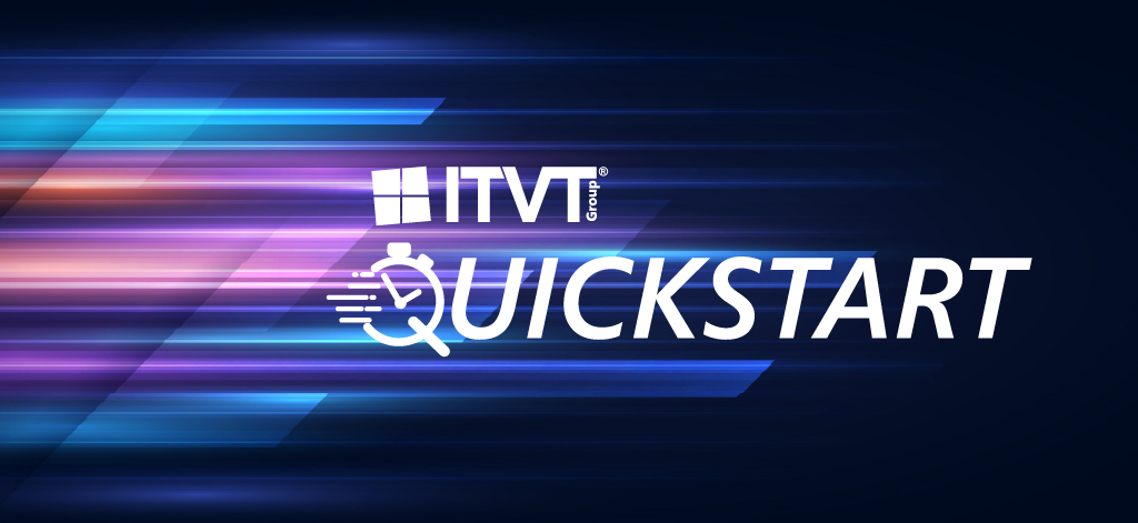 A banner featuring a digital design showing dynamic streaks of blue, purple, and pink light against a dark background. The text “ITVT Group QUICKSTART” is clearly legible, with the “Q” stylized as a stopwatch to symbolize speed and efficiency.