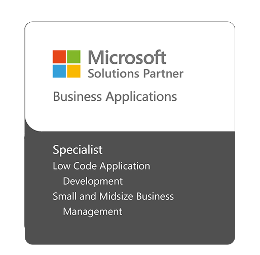 ITVT Microsoft Solutions Partner badge for Business Applications, showing Specialist designations in Low Code Application Development and Small and Midsize Business Management.