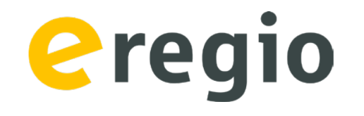 Logo von eregio mit einem gelben „e“ und grauen Buchstaben