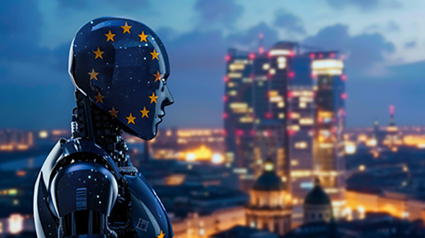 Eine konzeptionelle Illustration, die die Zukunft der künstlichen Intelligenz in Europa mit fortschrittlicher Technologie und Innovation darstellt.